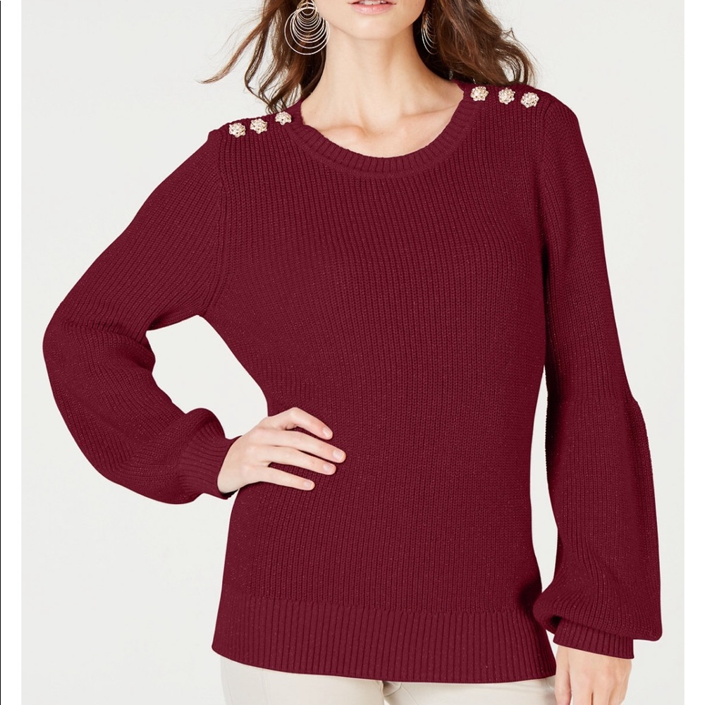 I.N.C. Button-Shoulder Puff-Sleeve Sweater
